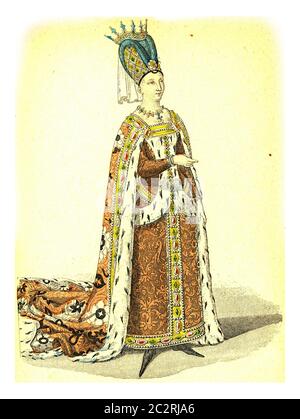 Isabeau di Baviera, illustrazione d'annata incisa. Moda 12 ° al 18 ° secolo da immagine Foto Stock