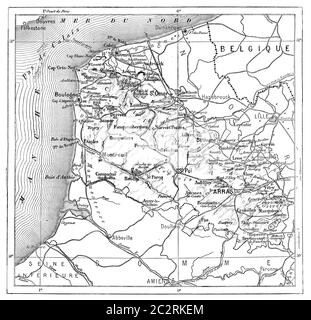 Mappa di Pas-de-calais, illustrazione vintage incisa. Dizionario delle parole e delle cose - Larive e Fleury - 1895. Foto Stock