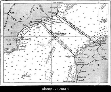 Mappa dello stretto di Pas-de-Calais, illustrazione d'epoca incisa. Dizionario delle parole e delle cose - Larive e Fleury - 1895. Foto Stock