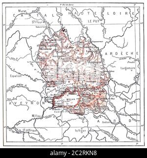 Mappa del dipartimento di Lozère, annata illustrazione incisa. Dizionario delle parole e delle cose - Larive e Fleury - 1895. Foto Stock