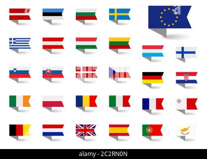 Insieme di bandiere vettoriali dell'Unione europea. Flag simboli Big Collection. Isolato su bianco. Punto sulla mappa con la bandiera del paese dell'Unione europea. Illustrazione Vettoriale