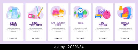 Concetto di stile di vita sano. Riposate, mangiate freschi, allenatevi con sport e fitness, curate il corpo. Schermate delle app mobili. Modello banner vettoriale per il sito Web e. Illustrazione Vettoriale
