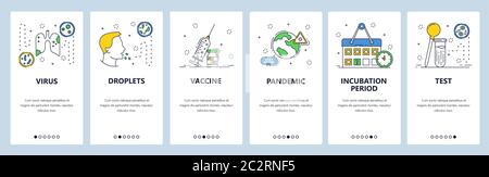 Pandemia mondiale del virus corona, vaccino del coronavirus, fagia polmonare, tosse. Schermate delle app mobili. Modello banner vettoriale per lo sviluppo di siti Web e dispositivi mobili Illustrazione Vettoriale