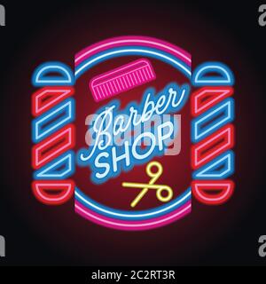 logo barber shop con effetto luce al neon. illustrazione vettoriale Illustrazione Vettoriale