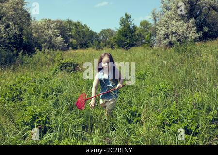 Ragazza con la rete farfalla che si diverte sul campo. Foto di alta qualità Foto Stock