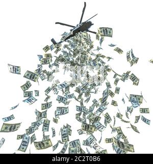 elicottero che distribuisce dollari in contanti. isolato su bianco. rendering 3d. Foto Stock