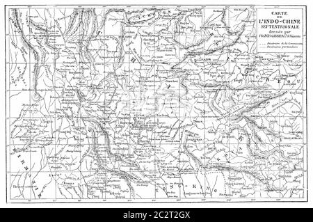 Mappa di Indo-Cina, illustrazione vintage incisa. Le Tour du Monde, Travel Journal, (1872). Foto Stock