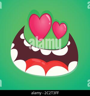 Mostro di cartone animato in amore con un cuore a forma di occhi. Avatar mostro zombie verde di Halloween per San Valentino Illustrazione Vettoriale