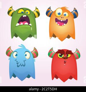 Monsters cartoon per Halloween. Insieme vettoriale di mostri cartoni animati isolati. Design per stampa, decorazione di feste, t-shirt, illustrazione, emblema o stic Illustrazione Vettoriale