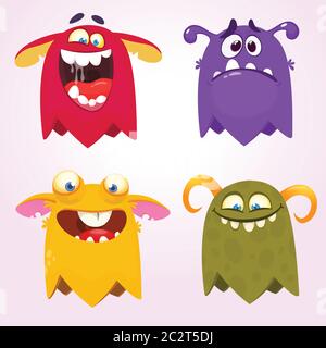 Monsters cartoon per Halloween. Insieme vettoriale di mostri cartoni animati isolati. Design per stampa, decorazione di feste, t-shirt, illustrazione, emblema o stic Illustrazione Vettoriale