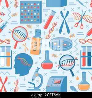 DNA ricerca modello senza giunture in stile piatto. Contesto del concetto di biotecnologia. Test genetici e sequenziamento del genoma. Illustrazione vettoriale medica. Illustrazione Vettoriale
