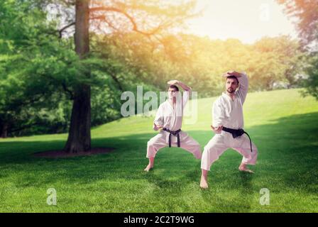 Arti marziali maestri di Karate in bianco kimono e cinture nere, formazione in estate park Foto Stock