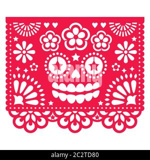 Halloween Papel Picado design con cranio la Catrina, modello di taglio di carta messicana - dia de Los Muertos, giorno della celebrazione dei morti Illustrazione Vettoriale