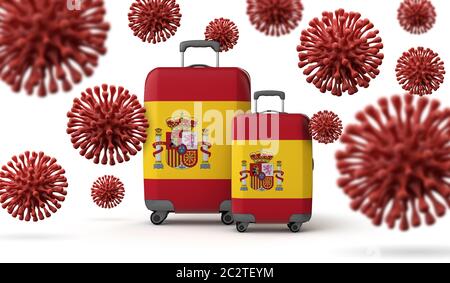 Spagna bandiera valigie di viaggio con coronavirus. Rendering 3D. Foto Stock