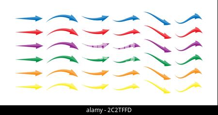 set di frecce multicolore di forme e configurazioni diverse. Semplice illustrazione vettoriale stilizzata, stile piatto Illustrazione Vettoriale