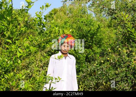 Un agricoltore legato a turbante si trova nel giardino verde Foto Stock