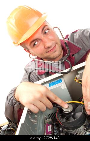 Computer Support Engineer. Isolato su bianco Foto Stock