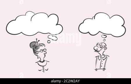Cartoon felice vecchio uomo e pensieroso anziano donna con bolla di pensiero, Vector Doodles disegnati a mano Illustrazione Vettoriale