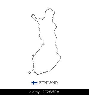 Linea di mappa finlandese, vettore lineare sottile semplice e flag. Nero su sfondo bianco Illustrazione Vettoriale