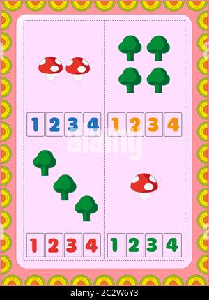 Matematica prescolare e bambino con disegno di funghi e broccoli Illustrazione Vettoriale