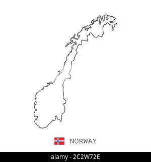 Linea mappa Norvegia, vettore lineare sottile semplice e flag. Nero su sfondo bianco Illustrazione Vettoriale