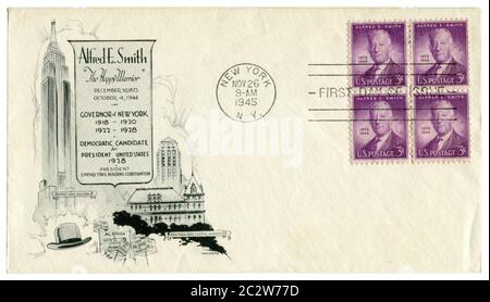 New York, NY, USA, 26 novembre 1945: Busta storica DEGLI STATI UNITI: Copertina con un cachet Alfred Emanuel Smith 1873-1944, 42° governatore di New York Foto Stock