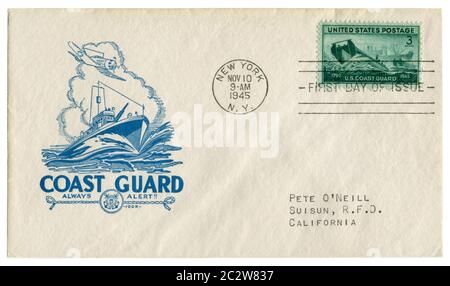 New York, NY, USA, 10 novembre 1945: Busta storica DEGLI STATI UNITI: Copertura con una guardia costiera patriottica cachet, sempre allerta, barca di pattuglia e velivoli Foto Stock