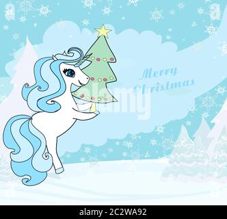 Illustrazione di unicorn con albero di natale Foto Stock