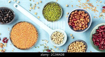 Legumi panoramica piatta tiro. Impulsi vibranti, scatti dall'alto. Fagioli, lenticchie, ceci e soia, sparati dall'alto o Foto Stock