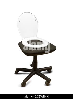Coperchio bianco del sedile del water sulla sedia rotante nera Foto Stock