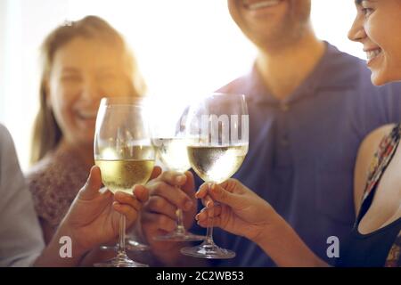 Mani di un gruppo di persone che si acclamano con il vino bianco Foto Stock