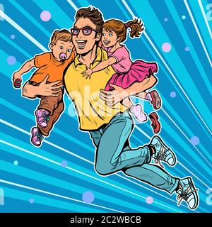 Papà supereroe vola e porta la figlia e il figlio a braccia. il congedo di paternità. La Pop art retrò illustrazione vettoriale kitsch vintage Foto Stock