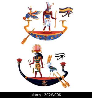 Antico Egitto sole dio Ra o Horus cartoon illustrazione vettoriale. Cultura egiziana simboli religiosi, antico dio-falco in barca di notte e giorno, sacro b Illustrazione Vettoriale