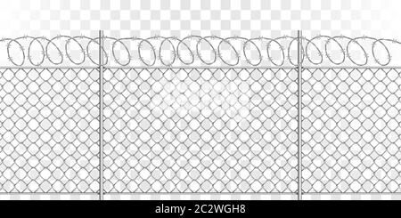 Recinzione in rete metallica con filo spinato a spirale in acciaio con punte, rappresentazione vettoriale realistica su sfondo trasparente. Recinzione o barriera con il el Illustrazione Vettoriale
