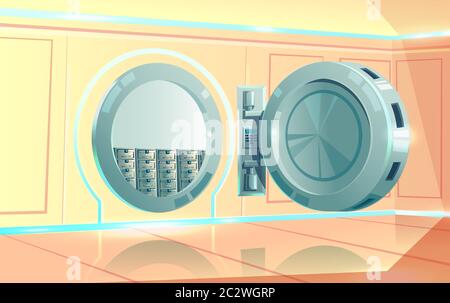 Camera con volta, porta rotonda in metallo aperta con serratura a combinazione elettronica, illustrazione vettoriale cartoon, sfondo finanziario Illustrazione Vettoriale