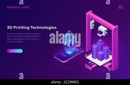 Tecnologia di stampa 3D, illustrazione vettoriale del concetto isometrico. Il prototipo di stampante 3D produce un modello virtuale dimensionale di costruzione sopra il telefono cellulare Illustrazione Vettoriale