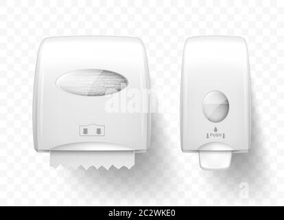 Dispenser per sapone liquido e asciugamani di carta, vettore realistico. Attrezzature bianche per bagni pubblici, igiene e mani pulite, pompa per sapone e murale Illustrazione Vettoriale