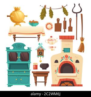 Elementi interni della vecchia cucina russa con forno, samovar, orologio a cucù e impugnatura. Insieme vettoriale di mobili antichi ucraini tradizionali in zona rurale Illustrazione Vettoriale
