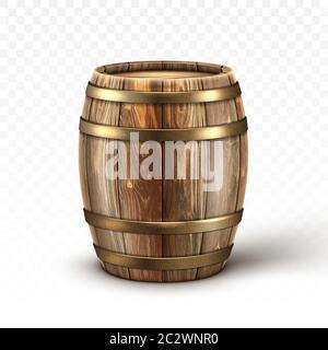 Barile di legno per vino o birra. Botte di legno di quercia con anelli di rame o ferro. Fusto vettoriale realistico per whiskey, rum o cognac isolato su trasparente Illustrazione Vettoriale