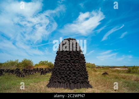 Cumulo di torba torba bosca accatastato in campo nella contea rurale Kerry, Irlanda, paesaggio paesaggistico irlandese Foto Stock