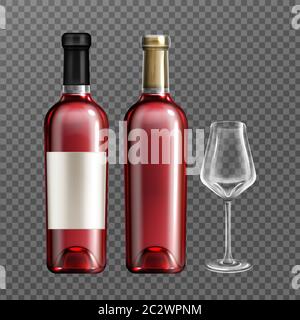 Bottiglie di vino in vetro con liquido rosso e bicchiere vuoto immagine vettoriale realistica. Bottiglia per alcool da cantina trasparente, chiusa con sughero, con bla Illustrazione Vettoriale