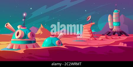 Paesaggio di superficie Marte con edifici coloniali. Base astronauta su pianeta rosso. Cartoon vettoriale illustrazione futuristica della colonizzazione spaziale, cosmo ex Illustrazione Vettoriale