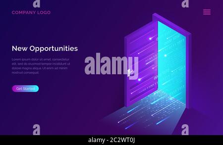 Nuova pagina di destinazione isometrica delle opportunità. Codice digitale binario che passa attraverso porta aperta su sfondo futuristico incandescente neon. Nuove tecnologie in arrivo Illustrazione Vettoriale