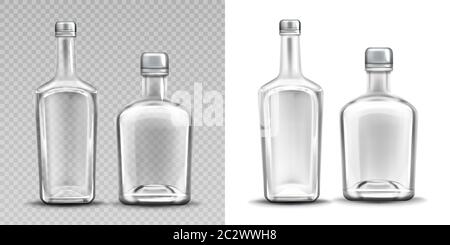 Due bottiglie vuote in vetro per alcol. Set vettoriale di bottiglie realistiche di whiskey, gin, tequila o brandy trasparenti con tappi in metallo isolati su e. Illustrazione Vettoriale