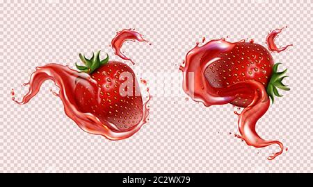Fragola con spruzzi di succo, illustrazione vettoriale realistica. Bacche rosse dolci mature con foglie verdi e semi in liquido cadente con gocce volanti, iso Illustrazione Vettoriale