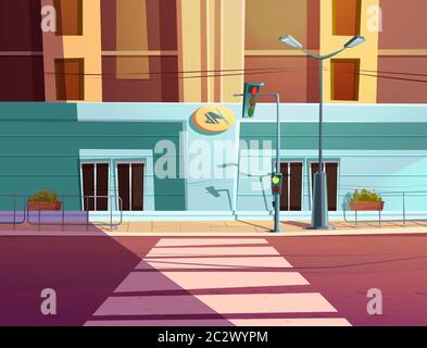 Semaforo e pedonale, attraversata la strada della città. Cartoni animati vettoriali illustrazione di strada vuota con semaforo per auto, marciapiede e costruzione in abete Illustrazione Vettoriale