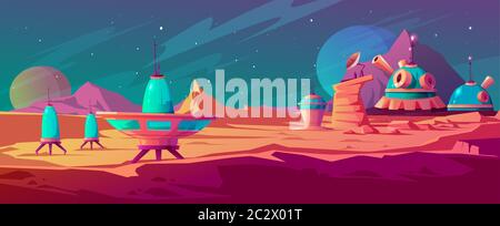 Paesaggio di superficie Marte con edifici coloniali. Base astronauta su pianeta rosso. Cartoon vettoriale illustrazione futuristica della colonizzazione spaziale, cosmo ex Illustrazione Vettoriale