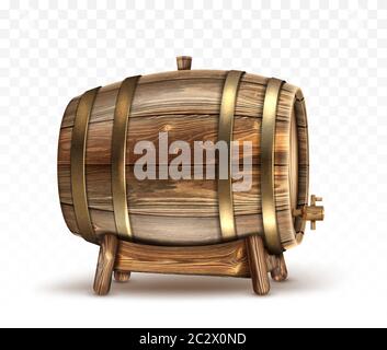 Barile di legno per vino, birra o whisky. Botte realistica di legno di quercia con anelli di rame o ferro, tappo e rubinetto, fusto per rum o cognac isolato su tr Illustrazione Vettoriale