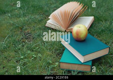 Leggere libri in natura. Libri in una pila e un libro aperto. Una mela succosa in cima ai libri. Erba verde Foto Stock