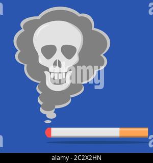 Il fumo di sigaretta e una sigaretta bruciante sono isolati su uno sfondo blu. Concetto di danno del fumo di tabacco. Vector illustrazione piatta moderna. Illustrazione Vettoriale
